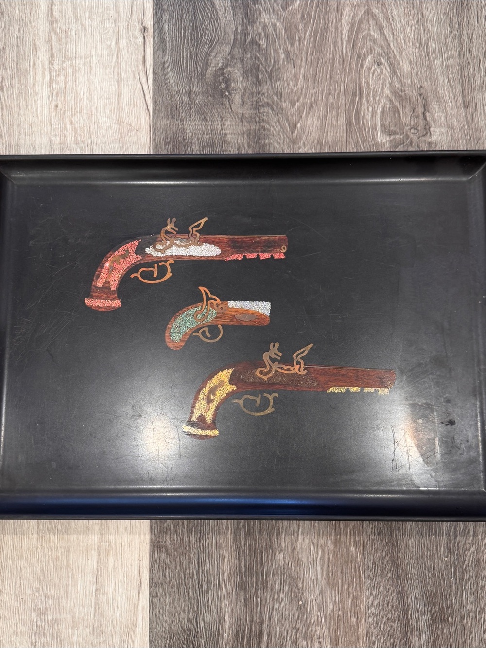 Couroc Monterey Inlay Tray Flintlock Pistols Western Gun Black Serving Tray